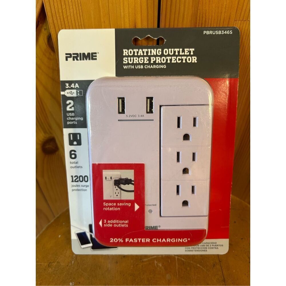Prime 6-Outlet Wall Tap With 1,200-Joule Surge Protection And Dual USB Charger,